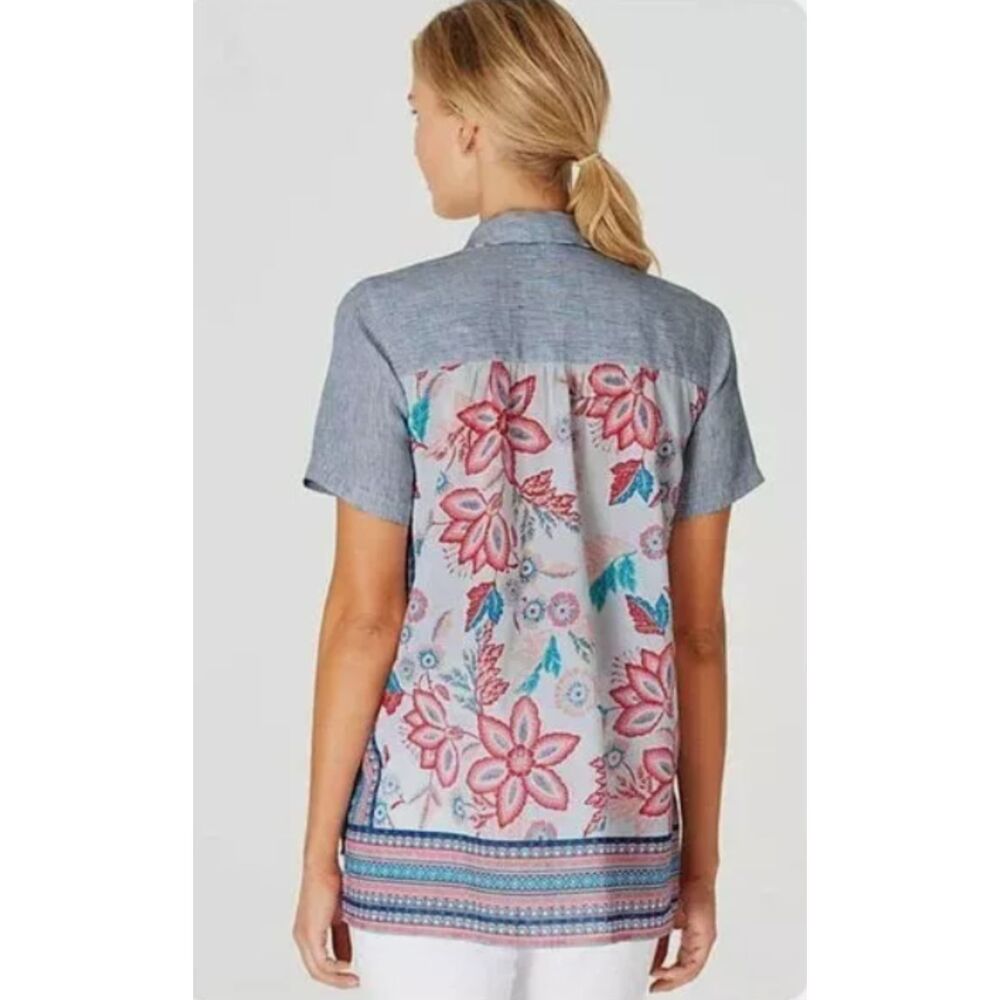 J Jill Linen Blue White Striped Short Cap Sleeve Button Down Floral Back Top LP